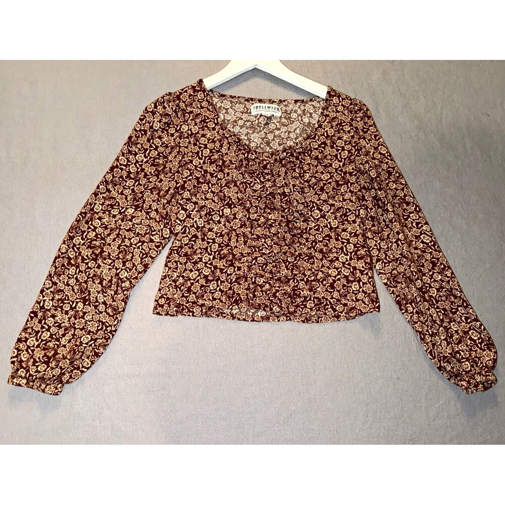 Idyllwind Women’s Floral Cropped Blouse Brown/Beige PS Petite Ruffle